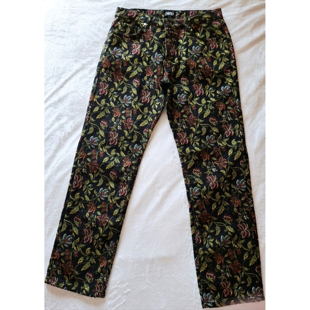 BooHoo Man Men's Floral Tapestry Relaxed Fit Button Fly Jeans (32×32) NWT